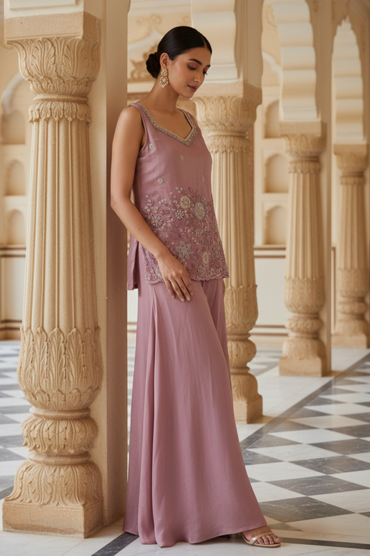 Mauve Foil Tissue Readymade Sharara Set With Tissue Dupatta