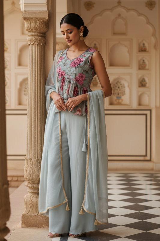 Grey Crepe Readymade Sharara Set With Georgette Dupatta