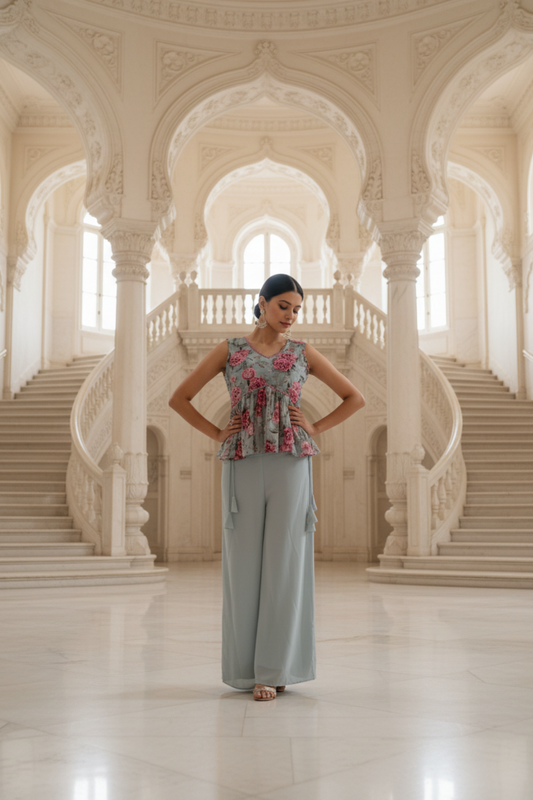 Grey Crepe Readymade Sharara Set With Georgette Dupatta