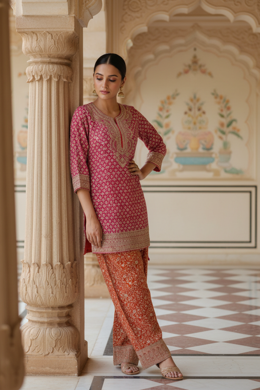 Rani Georgette Readymade Suit & Palazzo Pants With Georgette Dupatta