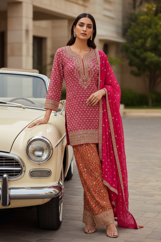 Rani Georgette Readymade Suit & Palazzo Pants With Georgette Dupatta