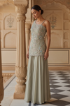 Olive Shimmer Readymade Sharara Set With Tissue Dupatta