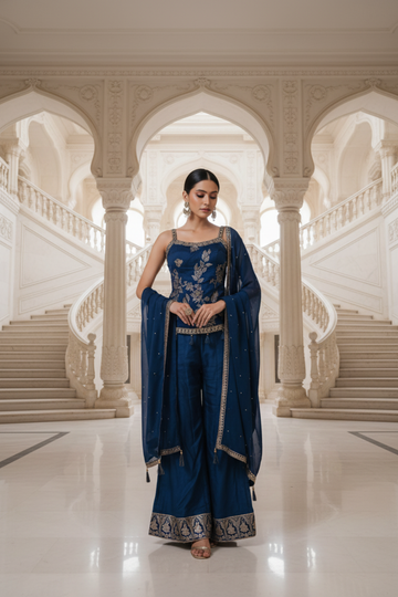 Peacock Crepe Readymade Sharara Set With Crepe Dupatta