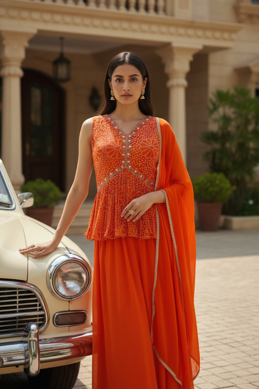 Orange Georgette Readymade Sharara Set With Georgette Dupatta