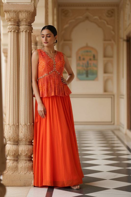 Orange Georgette Readymade Sharara Set With Georgette Dupatta