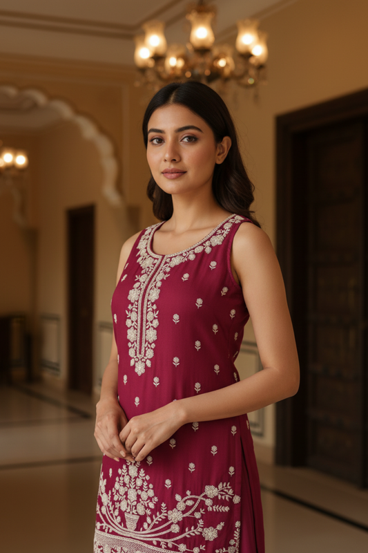 Gajari Chinon Readymade Sharara Set With Chinon Dupatta