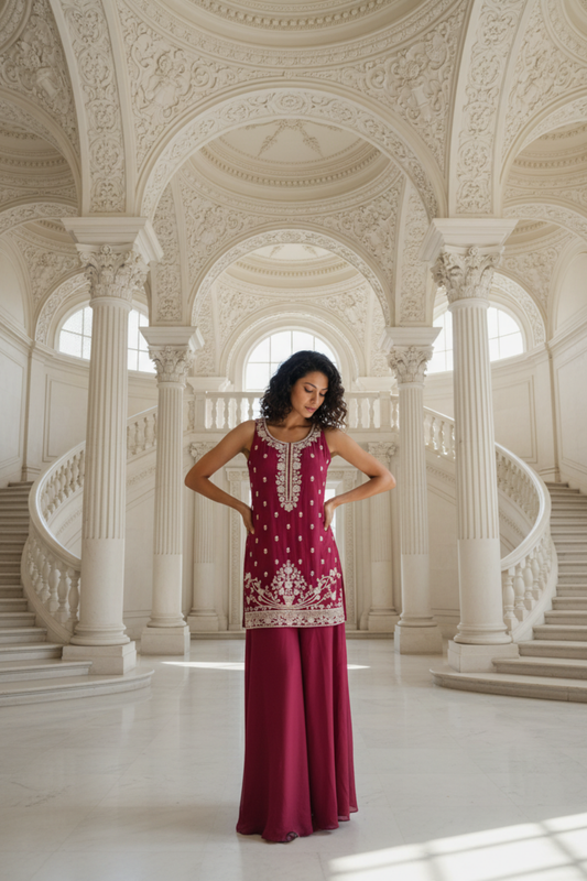 Gajari Chinon Readymade Sharara Set With Chinon Dupatta