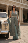Mint Green Tissue Readymade Suit & Palazzo Pants With Net Dupatta