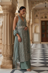 Mint Green Tissue Readymade Suit & Palazzo Pants With Net Dupatta
