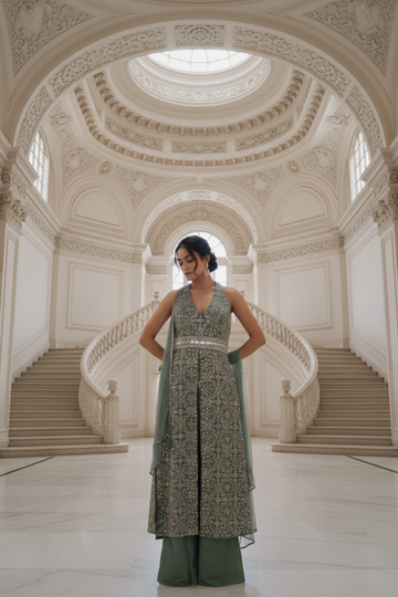 Mint Green Tissue Readymade Suit & Palazzo Pants With Net Dupatta