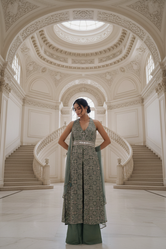 Mint Green Tissue Readymade Suit & Palazzo Pants With Net Dupatta