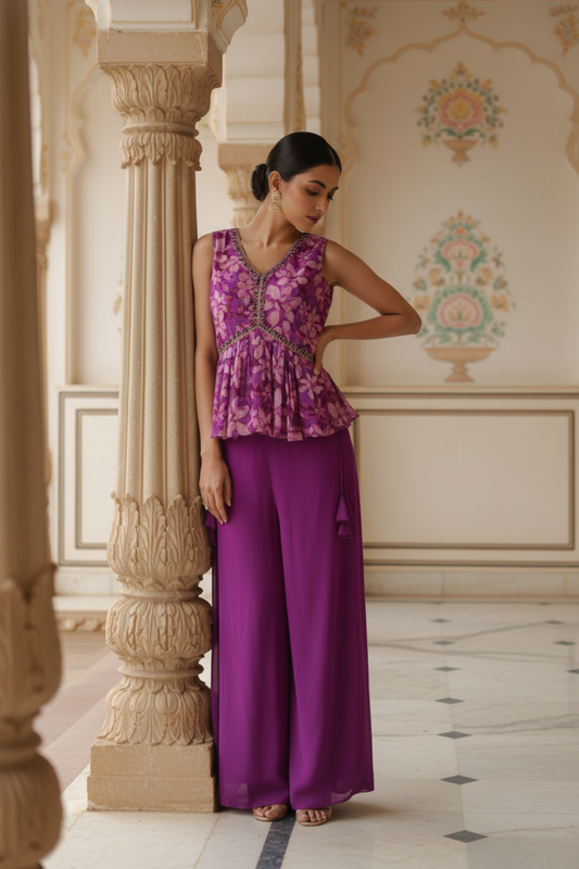 Mauve Crepe Readymade Sharara Set With Georgette Dupatta