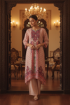 Peach Crepe Readymade Suit & Palazzo Pants With Chiffon Dupatta