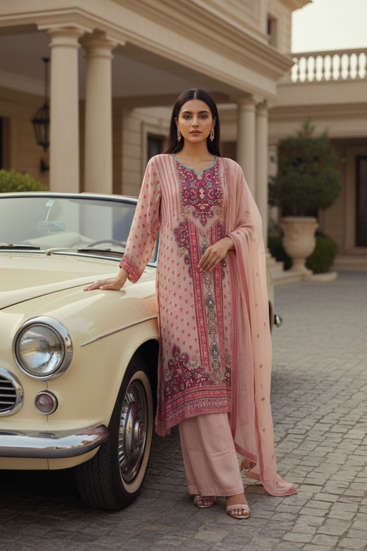 Peach Crepe Readymade Suit & Palazzo Pants With Chiffon Dupatta