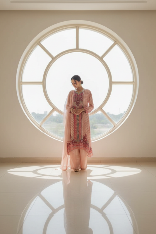 Peach Crepe Readymade Suit & Palazzo Pants With Chiffon Dupatta