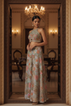 Sea Green Crepe Readymade Suit & Palazzo Pants With Organza Dupatta