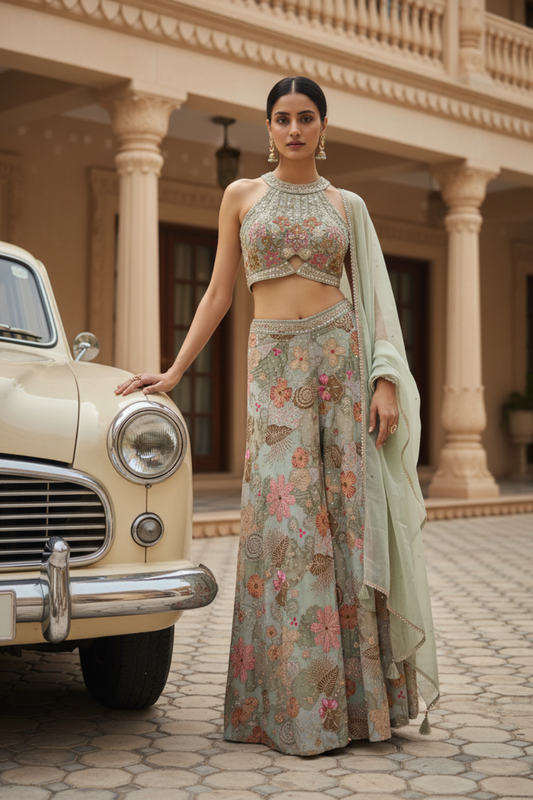 Sea Green Crepe Readymade Suit & Palazzo Pants With Organza Dupatta