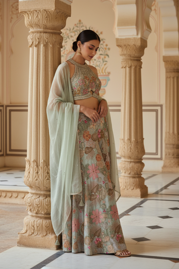 Sea Green Crepe Readymade Suit & Palazzo Pants With Organza Dupatta