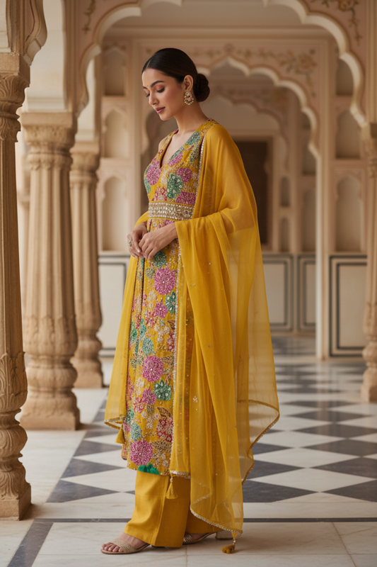 Mustard Chinon Readymade Suit & Palazzo Pants With Net Dupatta