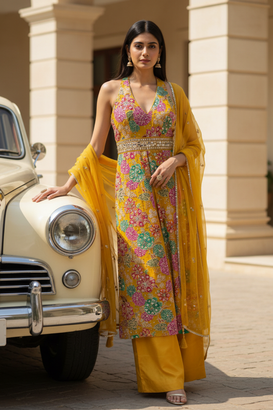 Mustard Chinon Readymade Suit & Palazzo Pants With Net Dupatta