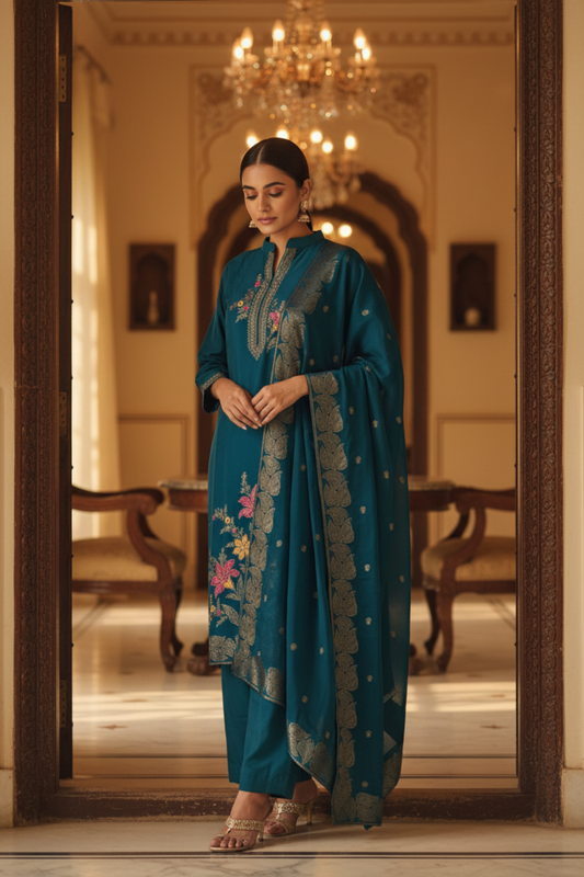 Rama Organza Readymade Suit & Palazzo Pant With Organza Dupatta