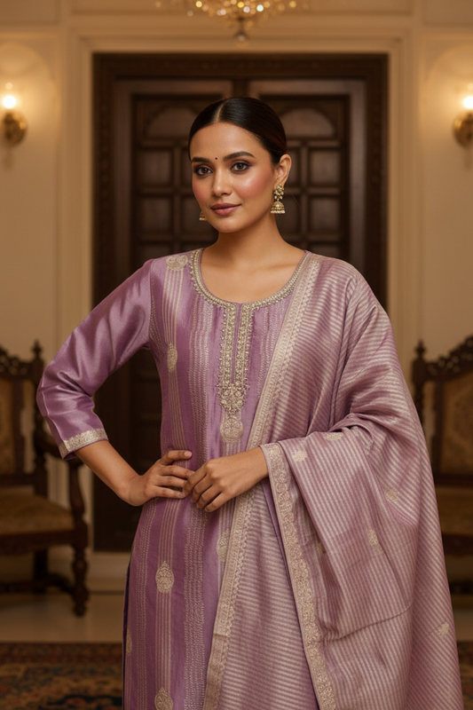 Mauve Organza Tissue Readymade Suit & Palazzo Pant With Organza Dupatta
