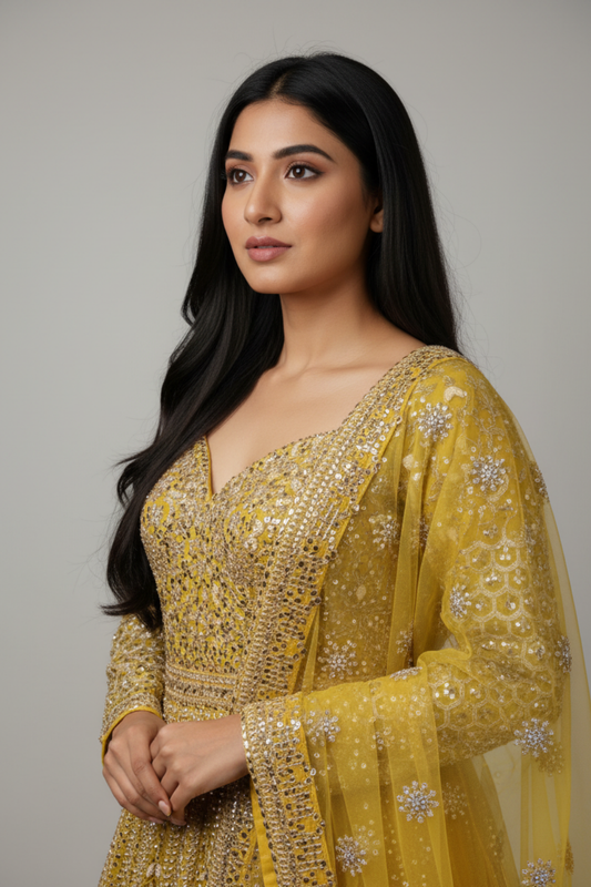 Lemon Gold Net Lehenga Set And Net Dupatta With Readymade Blouse