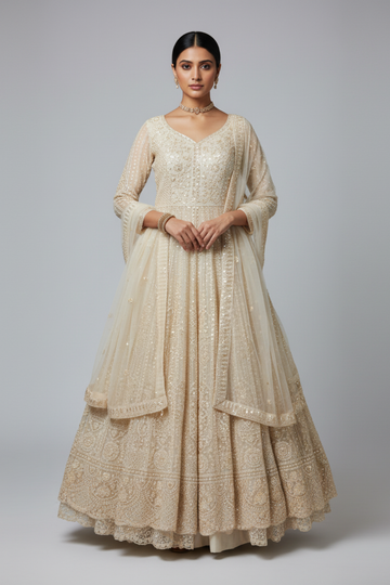 Off White Net Lehenga Set And Net Dupatta With Readymade Blouse
