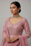 Pink Raw Silk Lehenga Set And Net Dupatta With Readymade Blouse
