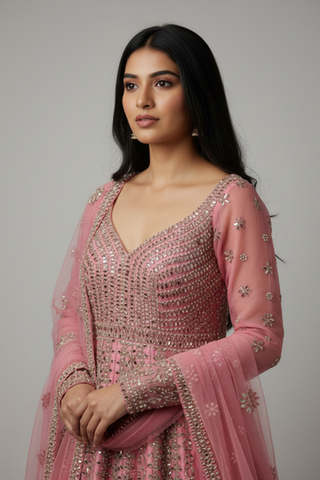 Pink Raw Silk Lehenga Set And Net Dupatta With Readymade Blouse
