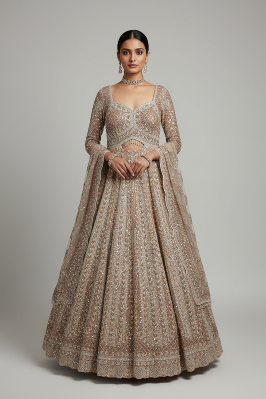 Tussar Net Lehenga Set And Net Dupatta With Readymade Blouse