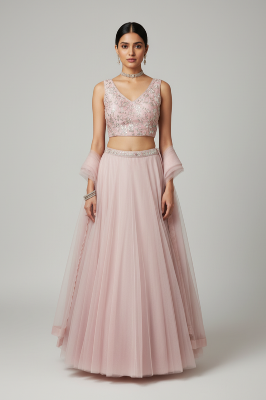 Pink Net Lehenga Set And Net Dupatta With Readymade Blouse