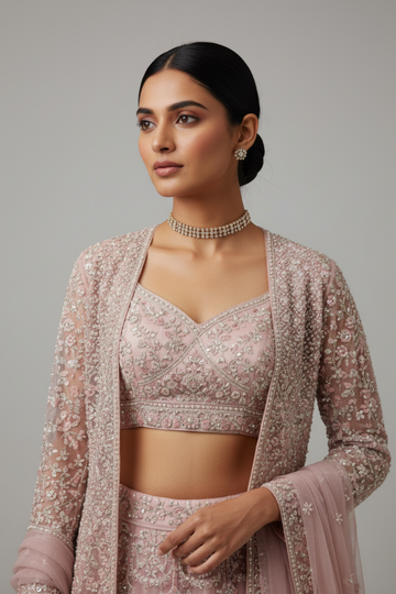 Pink Net Lehenga Set And Net Dupatta With Readymade Blouse