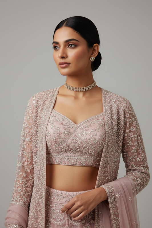Pink Net Lehenga Set And Net Dupatta With Readymade Blouse