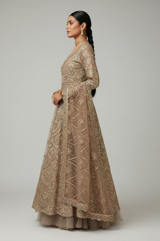 Tussar Net Lehenga Set And Net Dupatta With Readymade Blouse