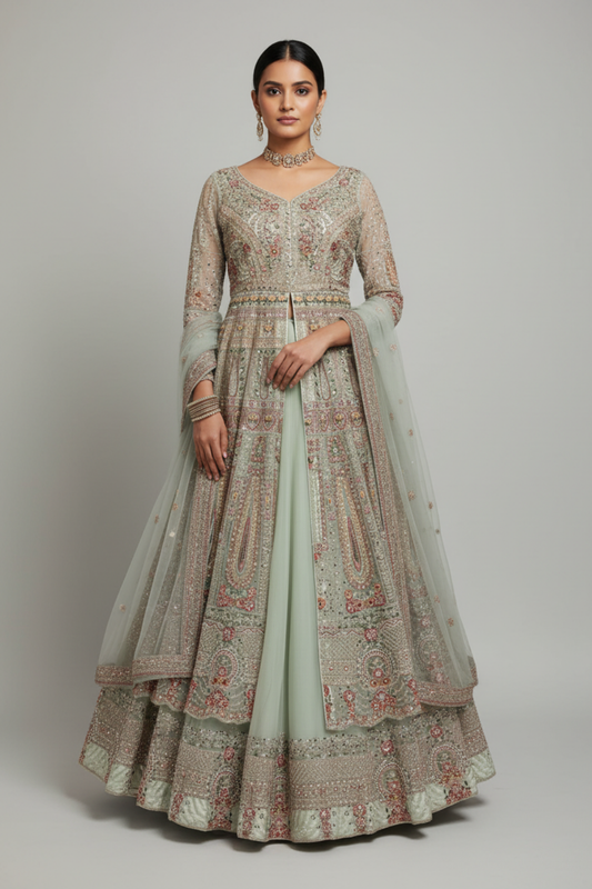 Sea Green Net Lehenga Set And Net Dupatta With Readymade Blouse