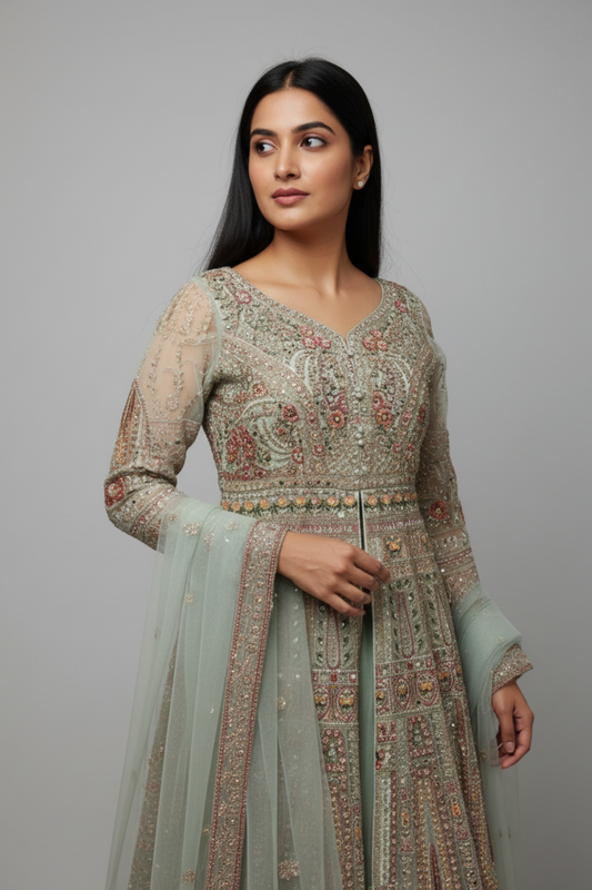 Sea Green Net Lehenga Set And Net Dupatta With Readymade Blouse