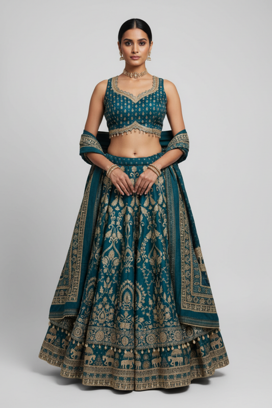 Peacock Crepe Lehenga Set And Net Dupatta With Readymade Blouse
