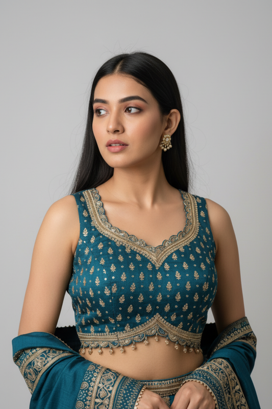 Peacock Crepe Lehenga Set And Net Dupatta With Readymade Blouse