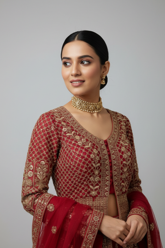 Maroon Net Lehenga Set And Net Dupatta With Readymade Blouse
