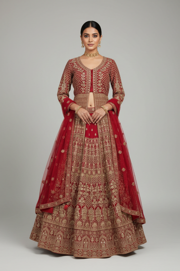 Maroon Net Lehenga Set And Net Dupatta With Readymade Blouse