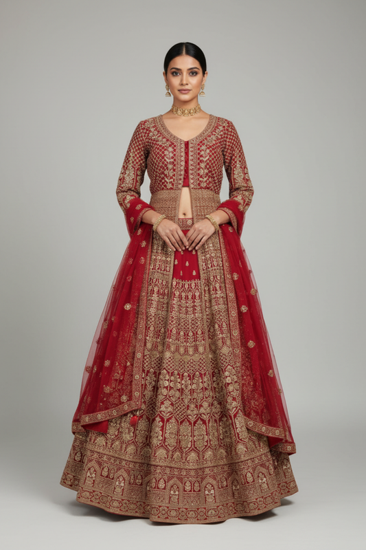 Maroon Net Lehenga Set And Net Dupatta With Readymade Blouse