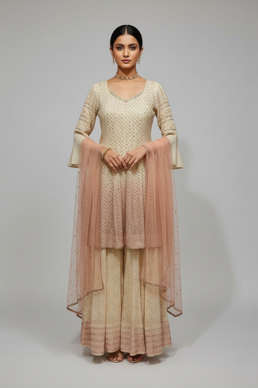 Off White Peach Georgette Readymade Sharara Set With Net Dupatta