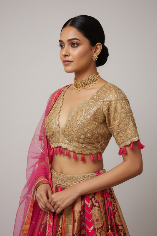 Rani Banarasi Silk Lehenga Set And Net Dupatta With Readymade Blouse