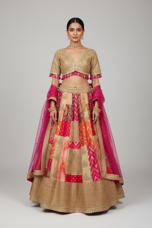 Rani Banarasi Silk Lehenga Set And Net Dupatta With Readymade Blouse