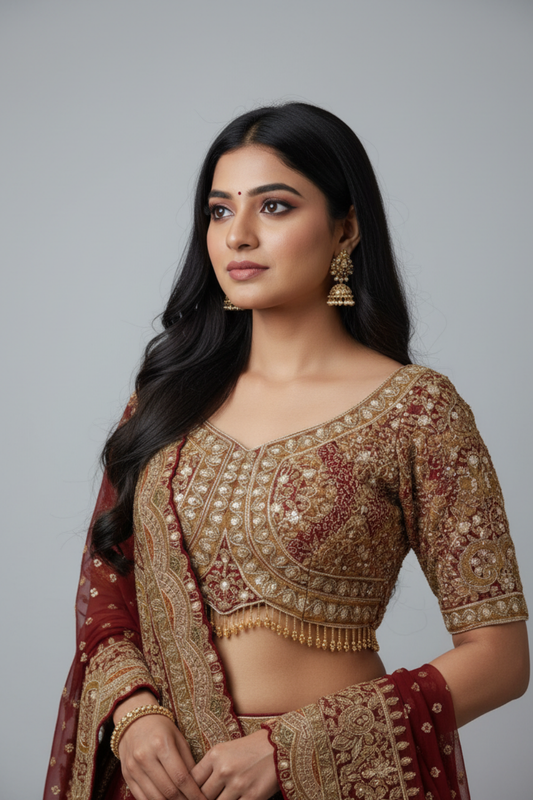 Maroon Chinon Lehenga Set And Chinon Dupatta With Readymade Blouse