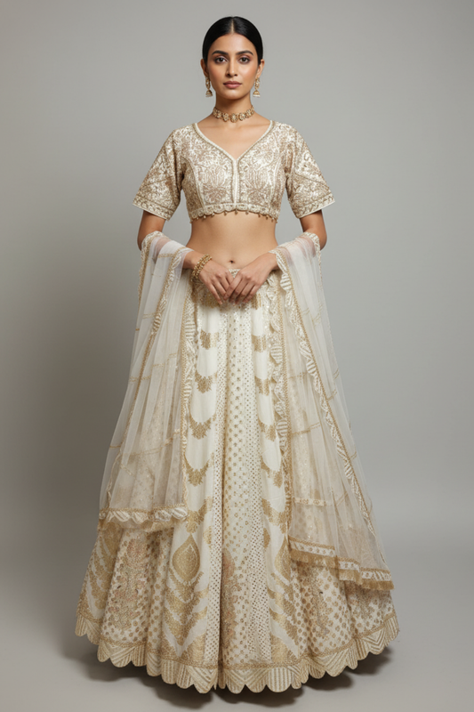 White Banarasi Silk Lehenga Set And Net Dupatta With Readymade Blouse