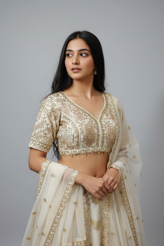 White Banarasi Silk Lehenga Set And Net Dupatta With Readymade Blouse
