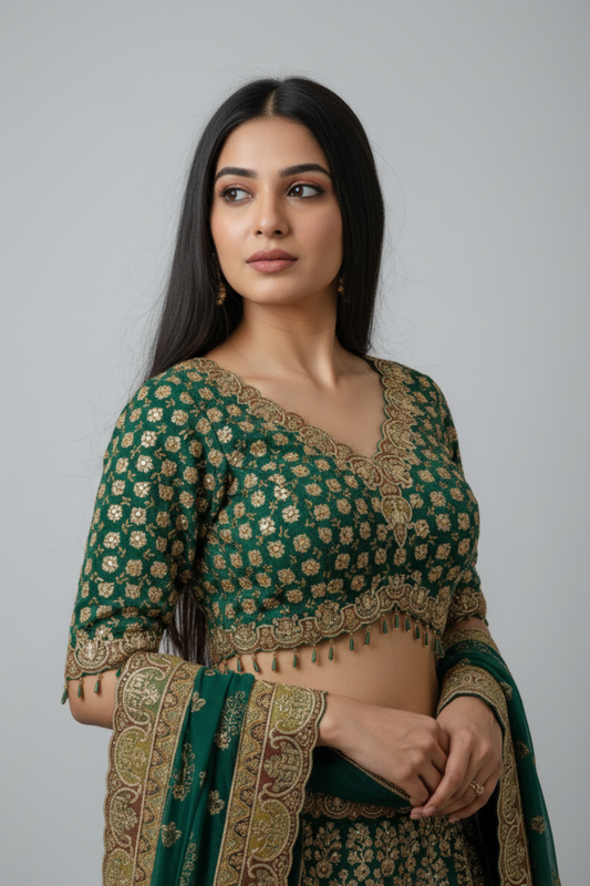 Bottle Green Crepe Lehenga Set And Crepe Dupatta With Readymade Blouse
