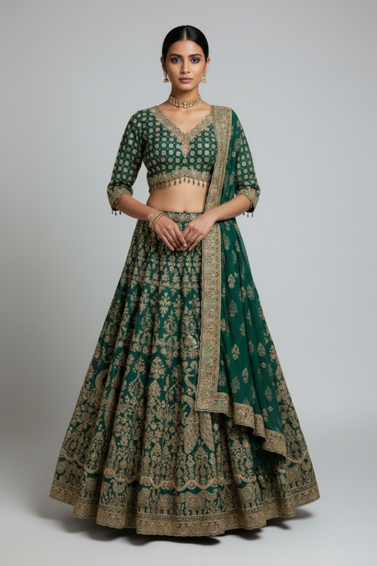 Bottle Green Crepe Lehenga Set And Crepe Dupatta With Readymade Blouse